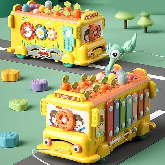 12-in-1 Montessori Toys for 1 2 3 Year Old Baby Boys Girls,Hammering Pounding Toy Harvest Toys,School Bus Toys with Gears