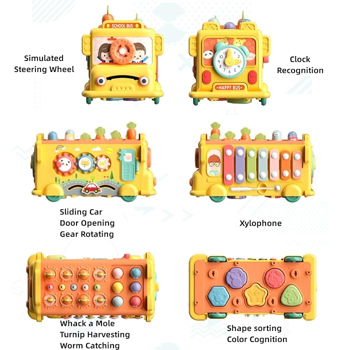 12-in-1 Montessori Toys for 1 2 3 Year Old Baby Boys Girls,Hammering Pounding Toy Harvest Toys,School Bus Toys with Gears