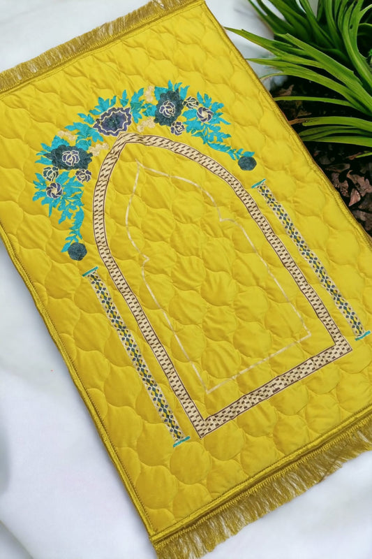 Yellow Turkish Embroidery Prayer Mat on Valvet foam