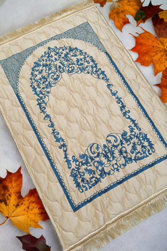 Cream Turkish Embroidery Prayer Mat on Valvet foam