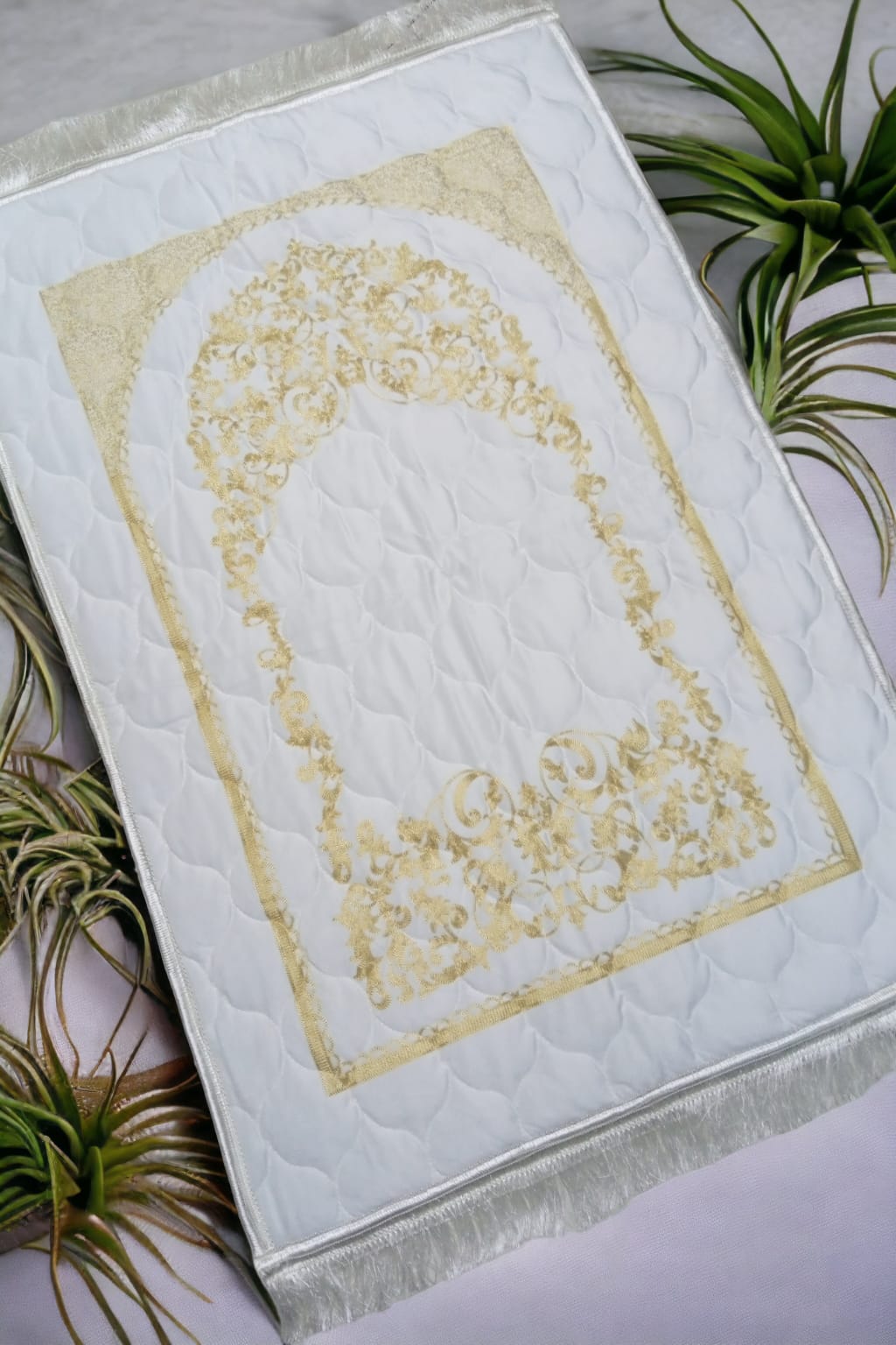 White Turkish Embroidery Prayer Mat on Valvet foam