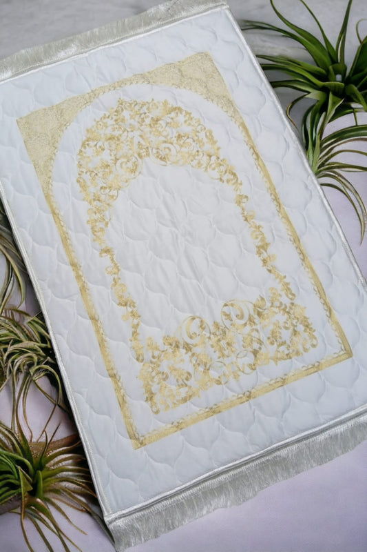 White Turkish Embroidery Prayer Mat on Valvet foam