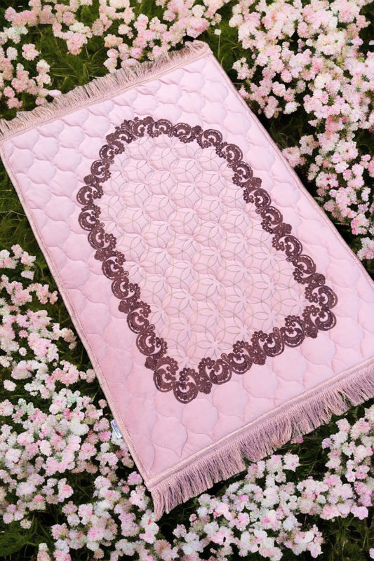 Pink Turkish Embroidery Prayer Mat on Valvet foam