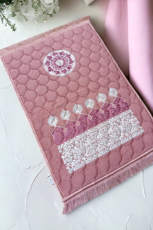 Tea Pink Turkish Embroidery Prayer Mat on Valvet foam