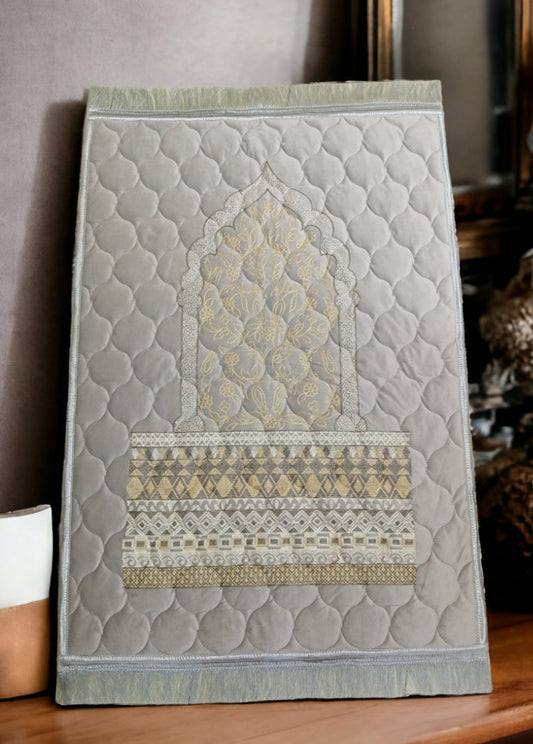 Light Grey Turkish Embroidery Prayer Mat on Valvet foam