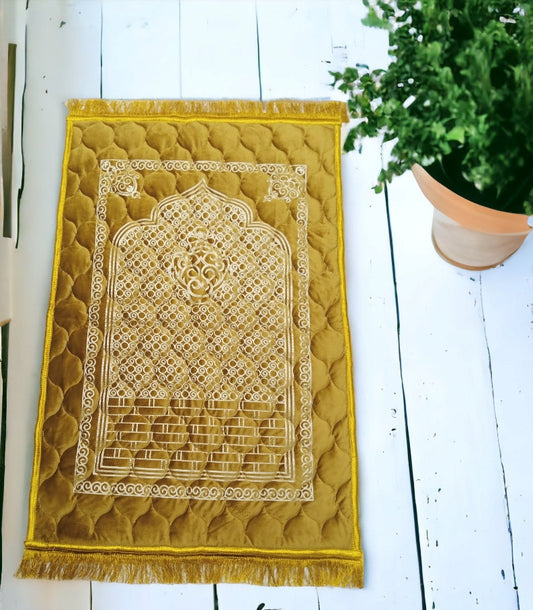 Golden Turkish Embroidery Prayer Mat on Valvet foam