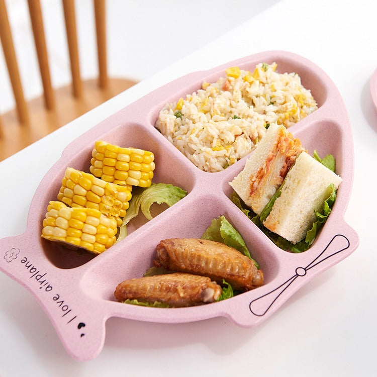 4 Compartments Airplane Shape Plate With Fork & Spoon